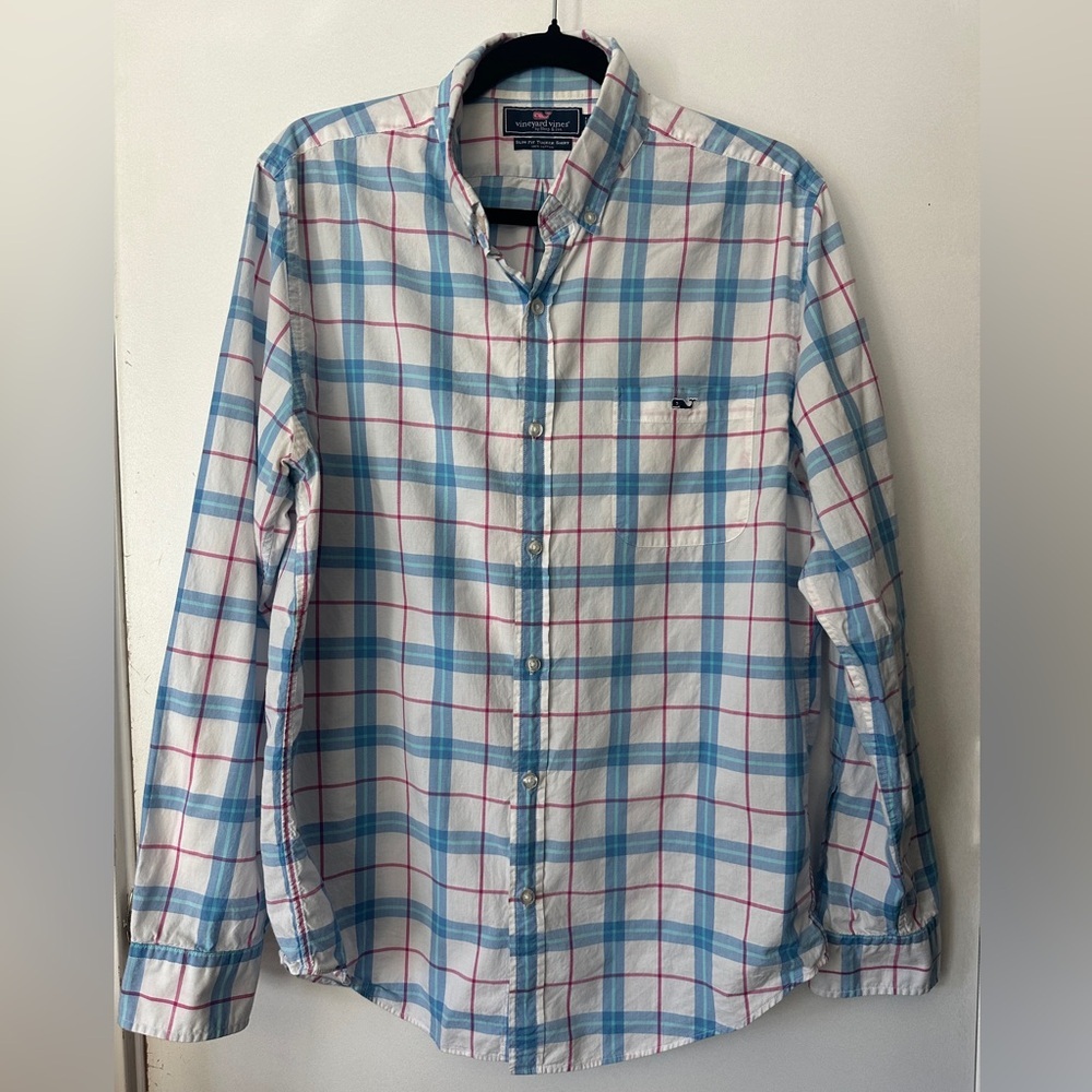 Vineyard Vines Men’s White Plaid Button-Down Shirt with Blue & Pink Stripes